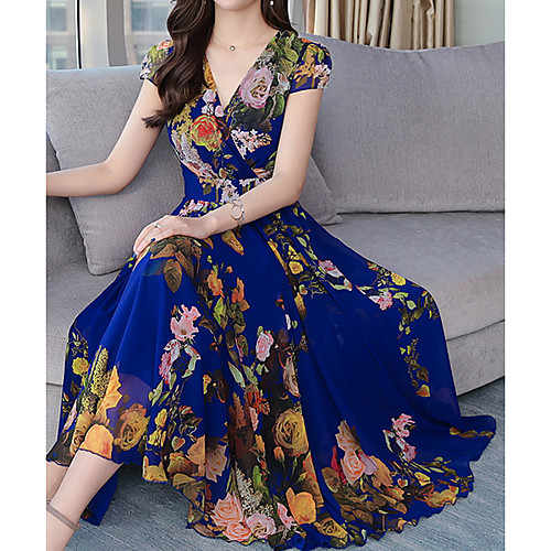 

Women's Chiffon Dress - Short Sleeves Print V Neck Elegant Slim Blue M L XL XXL XXXL XXXXL