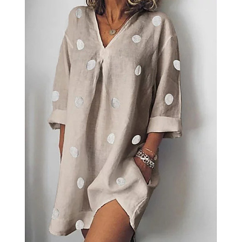 

Women's A Line Dress - 3/4 Length Sleeve Polka Dot V Neck Loose White Blue Blushing Pink Khaki S M L XL XXL XXXL / Cotton