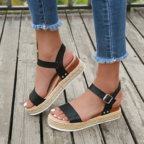 

Women's Sandals Wedge Sandals 2020 Spring & Summer Wedge Heel Open Toe Vintage Minimalism Daily Party & Evening PU Black / White / Light Brown / White