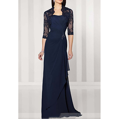 

Sheath / Column Mother of the Bride Dress Elegant Queen Anne Sweep / Brush Train Chiffon Lace Half Sleeve with Beading Ruffles Draping 2021