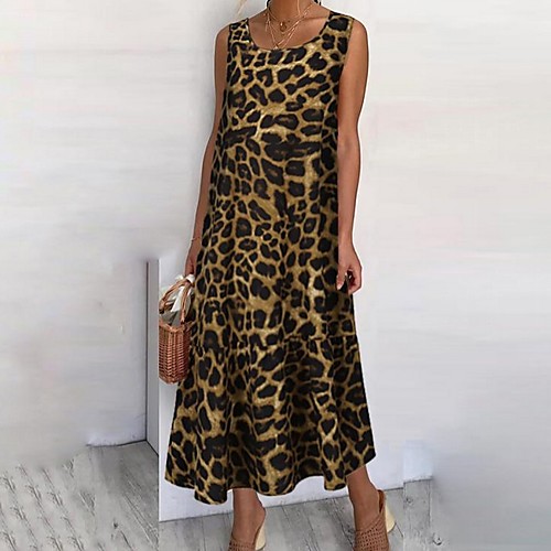 

Women's Shift Dress - Sleeveless Leopard Khaki Brown Gray S M L XL XXL XXXL XXXXL XXXXXL