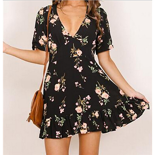 

Women's Sheath Dress - Short Sleeves Print V Neck Black S M L XL