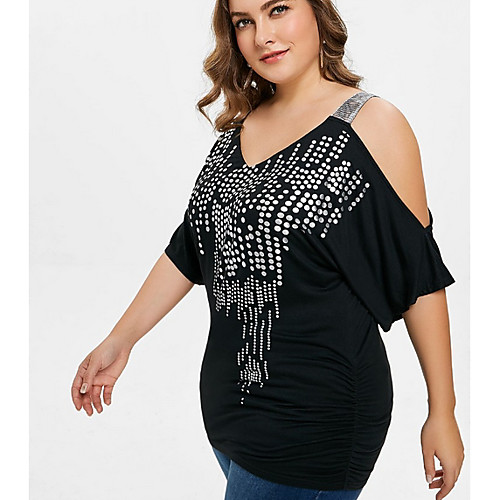 

Women's Geometric Sequins Cut Out T-shirt - Cotton Daily V Neck Black