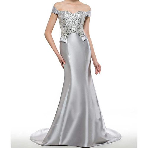 

Mermaid / Trumpet Mother of the Bride Dress Elegant Off Shoulder Sweep / Brush Train Satin Short Sleeve with Beading Sequin 2021