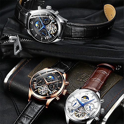

Men's Mechanical Watch Automatic self-winding Genuine Leather 30 m Water Resistant / Waterproof Moon Phase Day Date Analog Casual Fashion - Golden / Brown Black / Silver BlackGloden One Year Battery