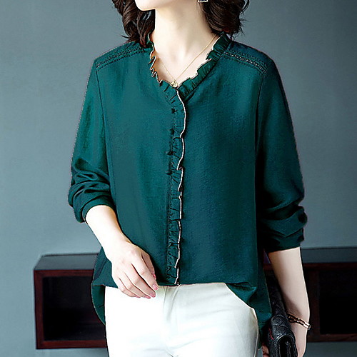 

Women's Solid Colored Ruffle Shirt Daily V Neck Black / Yellow / Blushing Pink / Green / Light Green