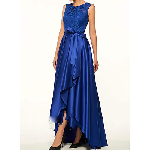 

A-Line Mother of the Bride Dress Sexy Jewel Neck Asymmetrical Lace Satin Sleeveless with Sash / Ribbon Pleats 2021