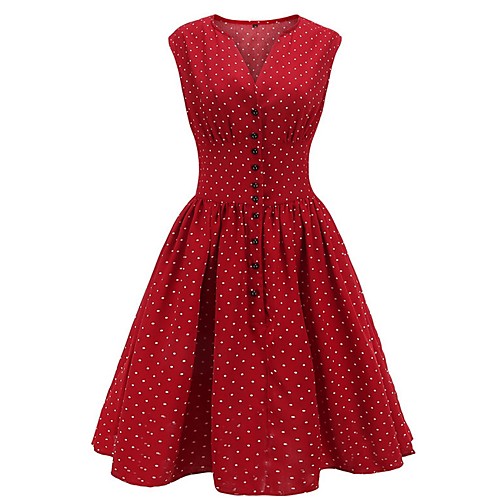 

Women's A Line Dress Knee Length Dress Wine Orange Navy Blue Sleeveless Polka Dot V Neck Hot S M L XL XXL 3XL 4XL