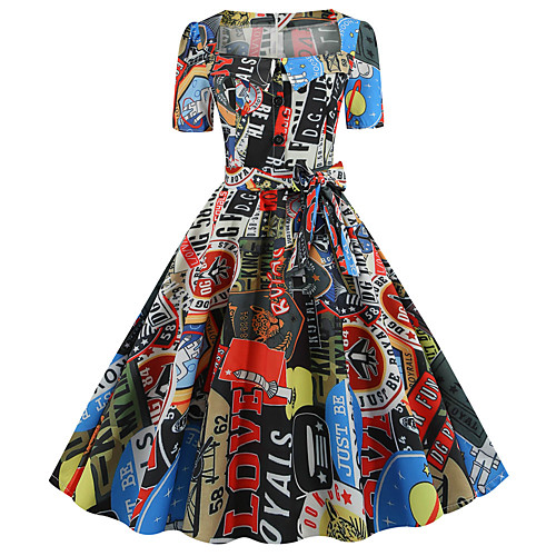 

Women's Sheath Dress - Half Sleeve Floral Print Color Block Patchwork Print Square Neck Vintage Sexy Daily Going out Rainbow S M L XL XXL