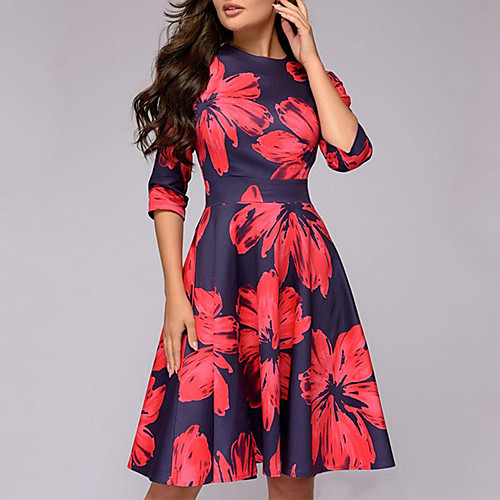 

Women's Sheath Dress - 3/4 Length Sleeve Print Elegant White Red S M L XL XXL