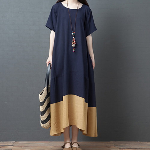 

Women's Maxi Sheath Dress - Short Sleeves Color Block Summer Elegant Loose 2020 Navy Blue M L XL XXL