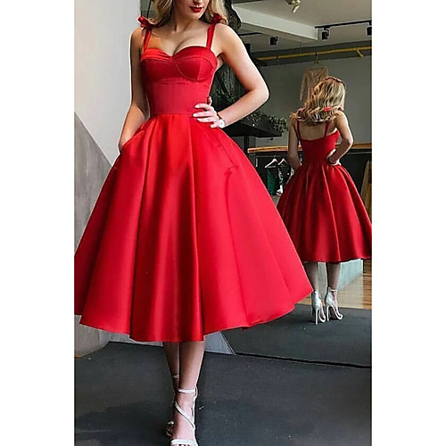 

Ball Gown Minimalist Party Wear Prom Valentine's Day Dress Spaghetti Strap Sleeveless Tea Length Satin with Pleats 2021