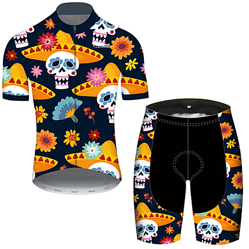 

21Grams Men's Short Sleeve Cycling Jersey with Shorts Black / Yellow Skull Floral Botanical Bike Clothing Suit UV Resistant Breathable Quick Dry Sweat-wicking Sports Skull Mountain Bike MTB Road Bike