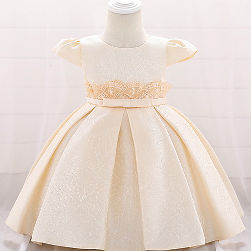 

Ball Gown Floor Length Birthday / Event / Party Christening Gowns - Lace / Mikado Short Sleeve Jewel Neck with Bow(s)