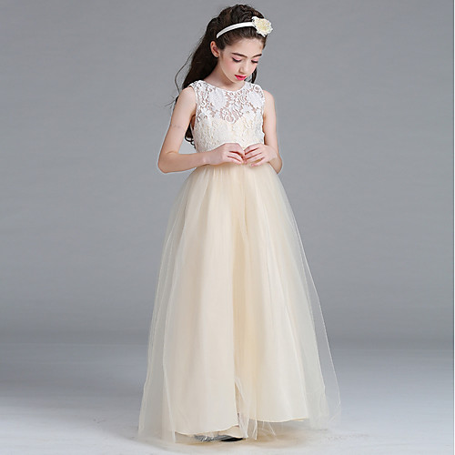 

Princess / A-Line Round Floor Length Lace / Tulle Junior Bridesmaid Dress with Bow(s)
