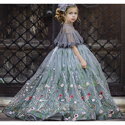 

Ball Gown Sweep / Brush Train Wedding Flower Girl Dresses - Tulle Short Sleeve Jewel Neck with Appliques