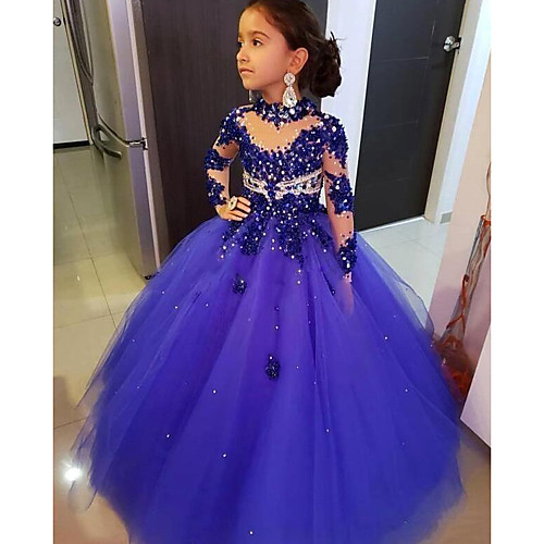 

Ball Gown Floor Length Event / Party Flower Girl Dresses - Tulle 3/4 Length Sleeve Illusion Neck with Solid / Crystals / Rhinestones