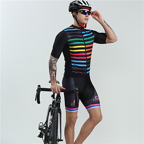 

BOESTALK Men's Short Sleeve Cycling Jersey with Bib Shorts Spandex Black Rainbow Stripes Bike Breathable Back Pocket Sweat-wicking Sports Multi Color Mountain Bike MTB Road Bike Cycling Clothing