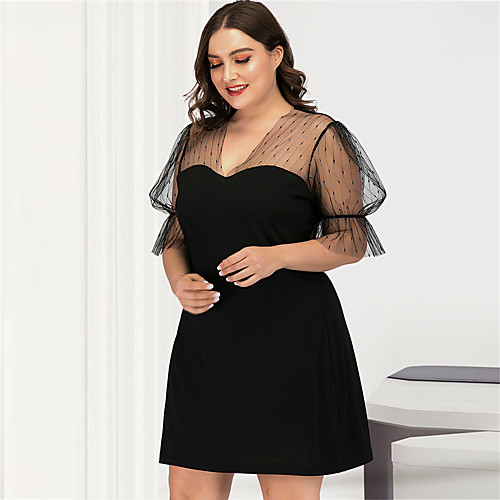 

Women's Plus Size A Line Dress - Short Sleeves Solid Color Mesh V Neck Sexy Street chic Daily Going out Puff Sleeve Belt Not Included Black L XL XXL XXXL XXXXL / Little Black