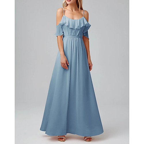 

A-Line Spaghetti Strap Floor Length Chiffon Bridesmaid Dress with Pleats / Ruffles