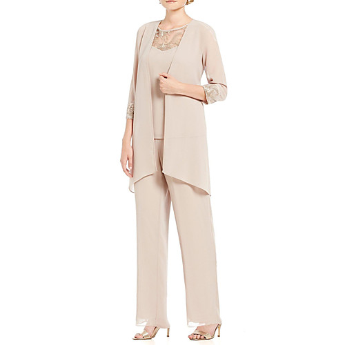 

Pantsuit / Jumpsuit Mother of the Bride Dress Elegant Sweet Illusion Neck Floor Length Chiffon 3/4 Length Sleeve with Lace Appliques 2021