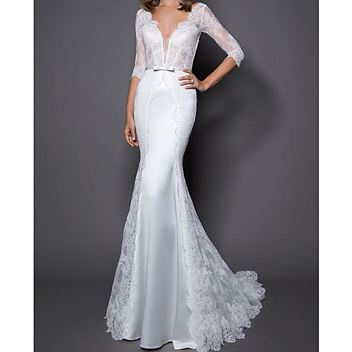 

Mermaid / Trumpet Wedding Dresses V Neck Sweep / Brush Train Lace Satin Half Sleeve Country Plus Size with Sashes / Ribbons Bow(s) Embroidery 2021