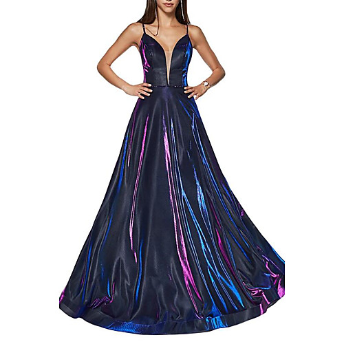 

A-Line Glittering Party Wear Prom Dress Spaghetti Strap Sleeveless Floor Length Polyester with Sleek Draping 2021