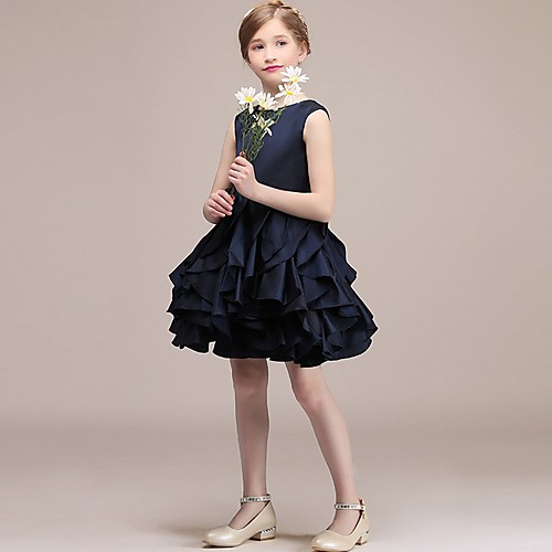 

A-Line Round Short / Mini Satin Junior Bridesmaid Dress with Tier / Cascading Ruffles