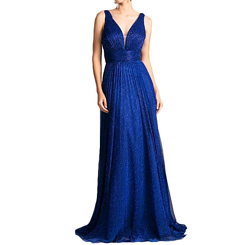 

Sheath / Column Minimalist Party Wear Formal Evening Dress V Neck Sleeveless Sweep / Brush Train Chiffon with Pleats 2021