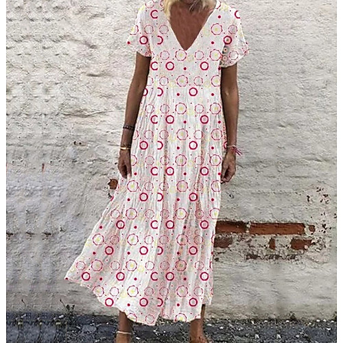 

Women's Swing Dress - Short Sleeves Geometric V Neck Loose White Yellow Blushing Pink Light Blue S M L XL XXL XXXL
