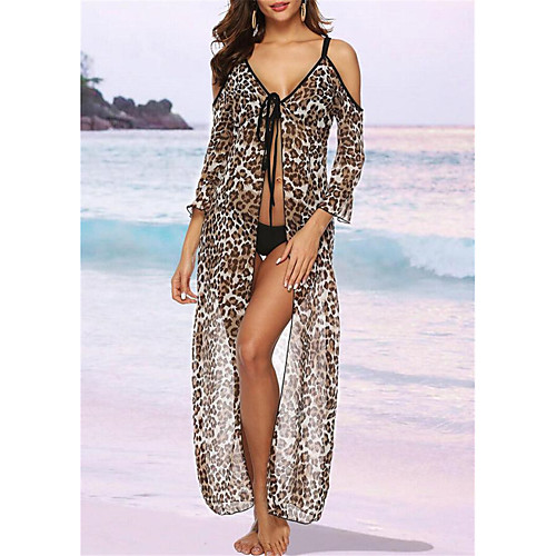 

Women's Cover-Up Swimwear Swimsuit - Leopard Chiffon S M L Brown