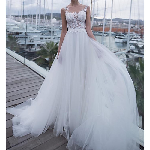 

A-Line Wedding Dresses Scoop Neck Sweep / Brush Train Polyester Sleeveless Country Plus Size with Lace Insert Appliques 2021
