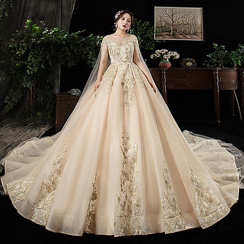 

Ball Gown Wedding Dresses Off Shoulder Watteau Train Lace Satin Tulle Cap Sleeve Formal Wedding Dress in Color Plus Size with Lace Lace Insert 2021