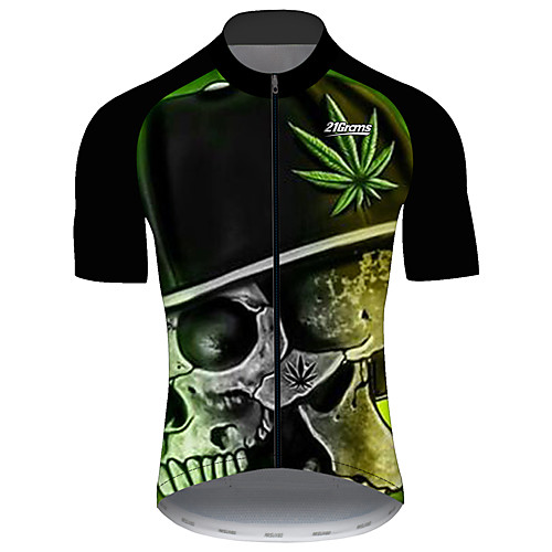 

21Grams Men's Short Sleeve Cycling Jersey Black / Green Leaf Skull Bike Jersey Top Mountain Bike MTB Road Bike Cycling UV Resistant Quick Dry Breathable Sports Clothing Apparel / Stretchy