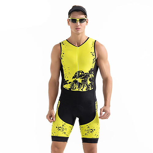 

21Grams Men's Sleeveless Triathlon Tri Suit Spandex Polyester Black / Yellow Geometic Bike Clothing Suit UV Resistant Breathable 3D Pad Quick Dry Sweat-wicking Sports Solid Color Mountain Bike MTB