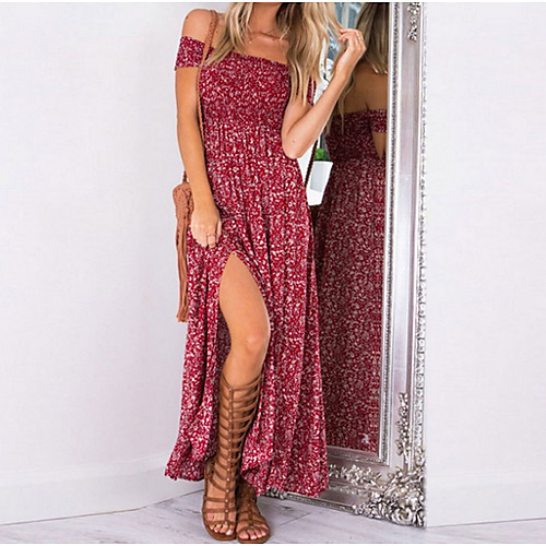 

Women's Sheath Dress Maxi long Dress Blue Red Short Sleeve Geometric Off Shoulder Elegant S M L XL XXL