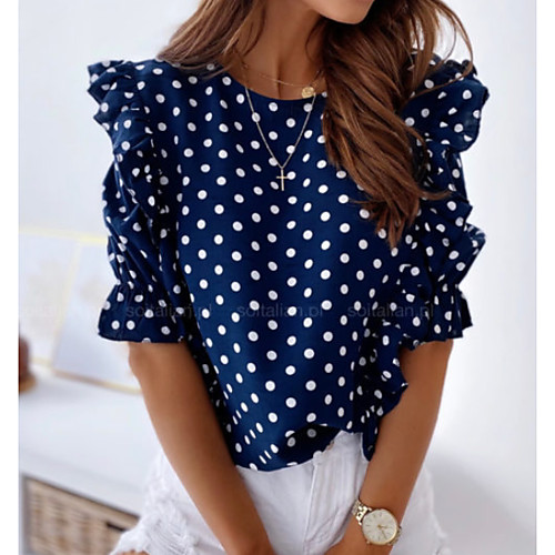 

Women's Polka Dot Print Lace Trims Shirt Daily Blushing Pink / Royal Blue / Navy Blue / Light Blue