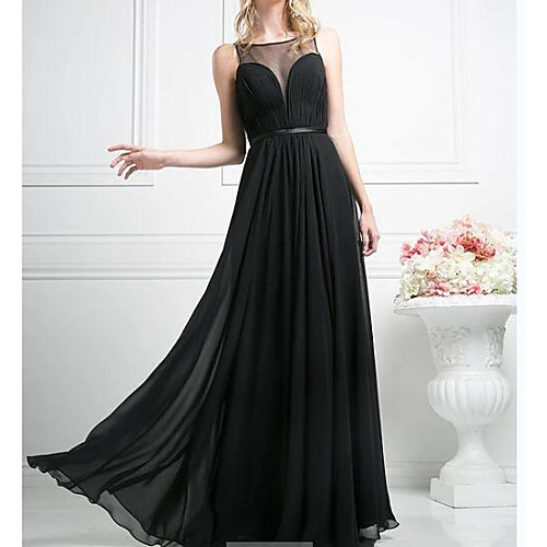 

A-Line Empire Wedding Guest Prom Dress Illusion Neck Sleeveless Floor Length Chiffon with Sash / Ribbon Pleats 2021