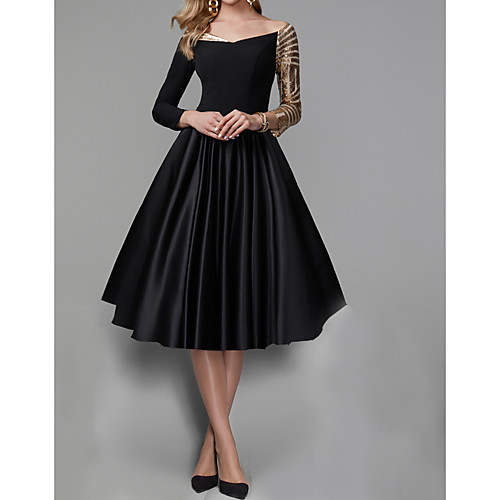 

A-Line Elegant Engagement Prom Dress Off Shoulder 3/4 Length Sleeve Knee Length Satin Sequined with Pleats Sequin 2021