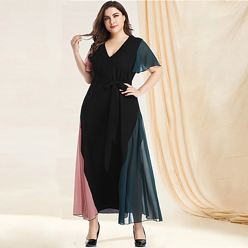 

Women's Plus Size Maxi A Line Dress - Long Sleeve Color Block Solid Color Patchwork Spring & Summer V Neck Casual Elegant Daily Going out Flare Cuff Sleeve Loose Green XL XXL XXXL XXXXL XXXXXL