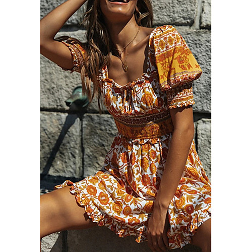 

Women's Daisy A Line Dress - Half Sleeve Floral Print Color Block Print Spring & Summer Square Neck Boho Sexy Daily Going out Lantern Sleeve Yellow S M L XL