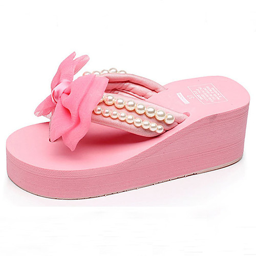 

Women's Slippers & Flip-Flops Wedge Heel Open Toe Bowknot / Pearl Polyester Sweet / British Walking Shoes Summer Pink / Black