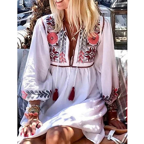 

Women's Loose Dress - 3/4 Length Sleeve Floral Embroidery Summer V Neck Boho Loose 2020 White S M L XL XXL