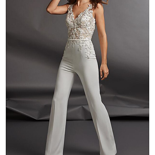 

Jumpsuits Wedding Dresses V Neck Floor Length Chiffon Sleeveless Country Plus Size with Sashes / Ribbons Appliques 2021