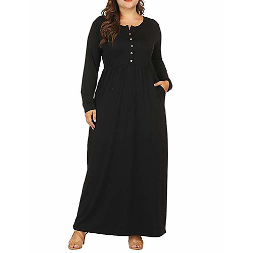 

Women's Plus Size Maxi A Line Dress - Long Sleeve Solid Color Patchwork Fall & Winter Basic Daily Loose Wine Black Army Green Navy Blue XL XXL XXXL XXXXL XXXXXL