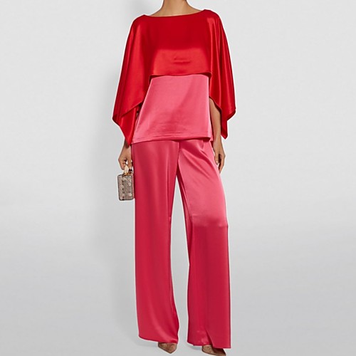 

Pantsuit / Jumpsuit Mother of the Bride Dress Elegant Bateau Neck Floor Length Polyester 3/4 Length Sleeve with Color Block 2021