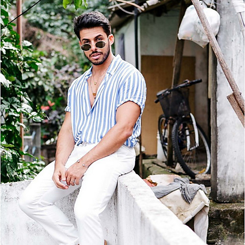 

Men's Striped Shirt Sports Blue / Short Sleeve