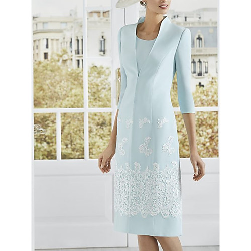 

Sheath / Column Mother of the Bride Dress Elegant Jewel Neck Knee Length Polyester 3/4 Length Sleeve with Appliques 2021