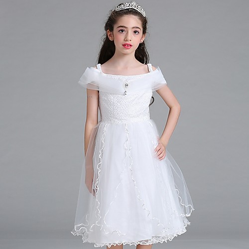 

Sheath / Column Bateau Tea Length Lace / Tulle Junior Bridesmaid Dress with Bow(s) / Ruffles