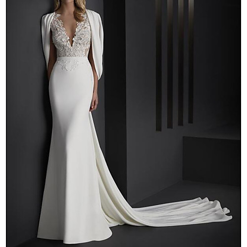 

Mermaid / Trumpet Wedding Dresses V Neck Sweep / Brush Train Stretch Satin Sleeveless Country Plus Size with Lace Embroidery 2021